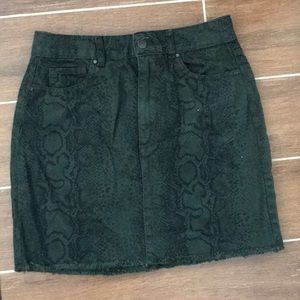 Olive green snake skin printed denim skirt